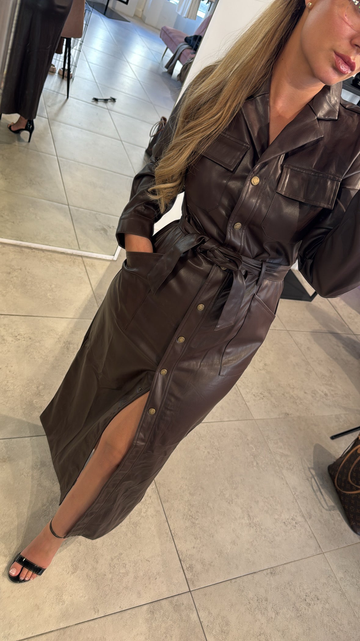 Leather Look Dress - Brown