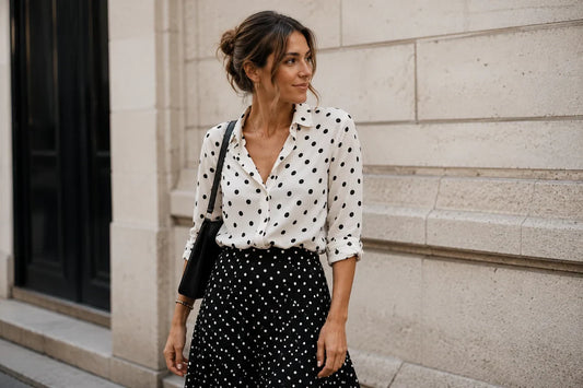 vrouw met knot witte blouse polkadots en rok polkadots zwart wit