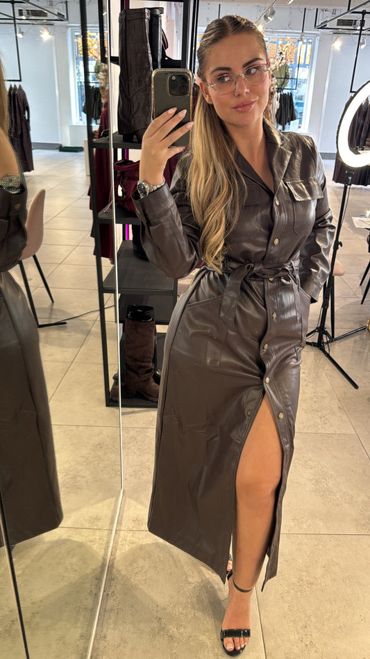 Leather Look Dress - Brown